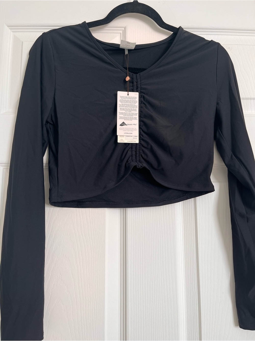 Women’s Swim Black Long-Sleeve Ruched Crop Top